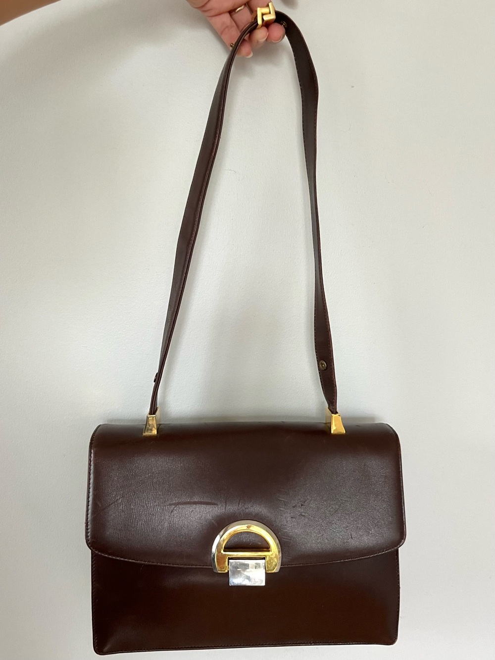 VTG Koret Dark Brown Leather Shoulder Bag Mixed Metal